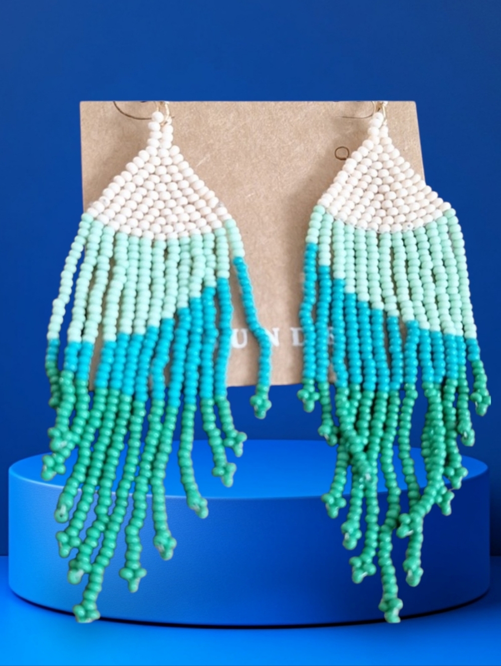 Plunder Beaded Fringe Drop Earrings in Mint, Aqua & Cream